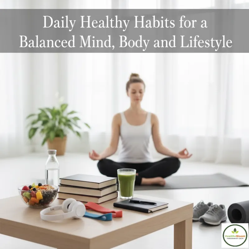 Woman practicing meditation on a yoga mat at home with healthy food, water bottle, books, and fitness equipment representing daily healthy habits for a balanced mind, body, and lifestyle. Healthsbloom.com logo on image.