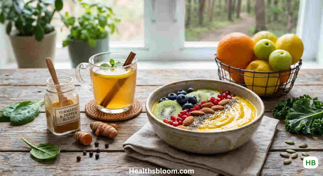A vibrant wellness spread on a rustic wooden table featuring a smoothie bowl topped with kiwi and berries, a glass of ginger lemon tea, and a jar of turmeric pepper blend, representing daily wellness and immunity-boosting habits with healthsbloom.