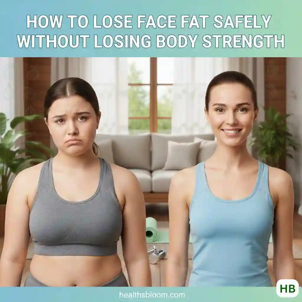 How to lose face fat safely without losing body strength, showing a before-and-after comparison of a woman’s facial and body transformation in a home workout setting – Healthsbloom.com