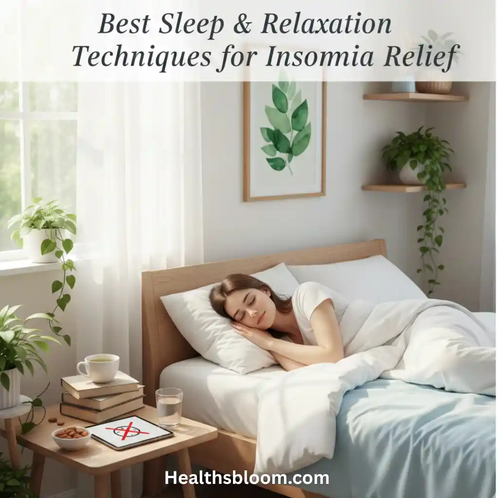 Best sleep and relaxation techniques for insomnia relief, showing a woman peacefully sleeping in a calm, cozy bedroom with natural light and soothing surroundings – Healthsbloom.com