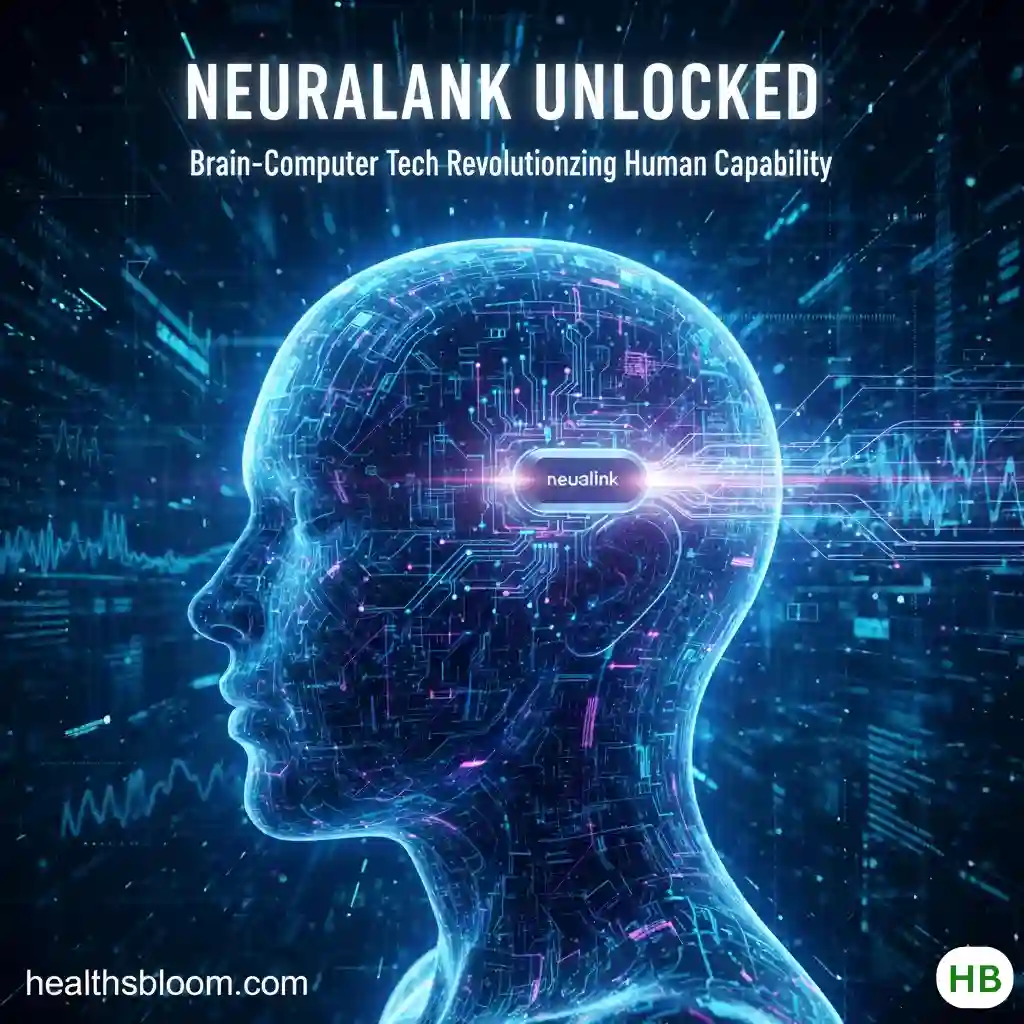 Neuralink Technology concept showing a digital human brain interface with advanced circuits and brain-computer technology, highlighting innovation in human capability – Healthsbloom.com