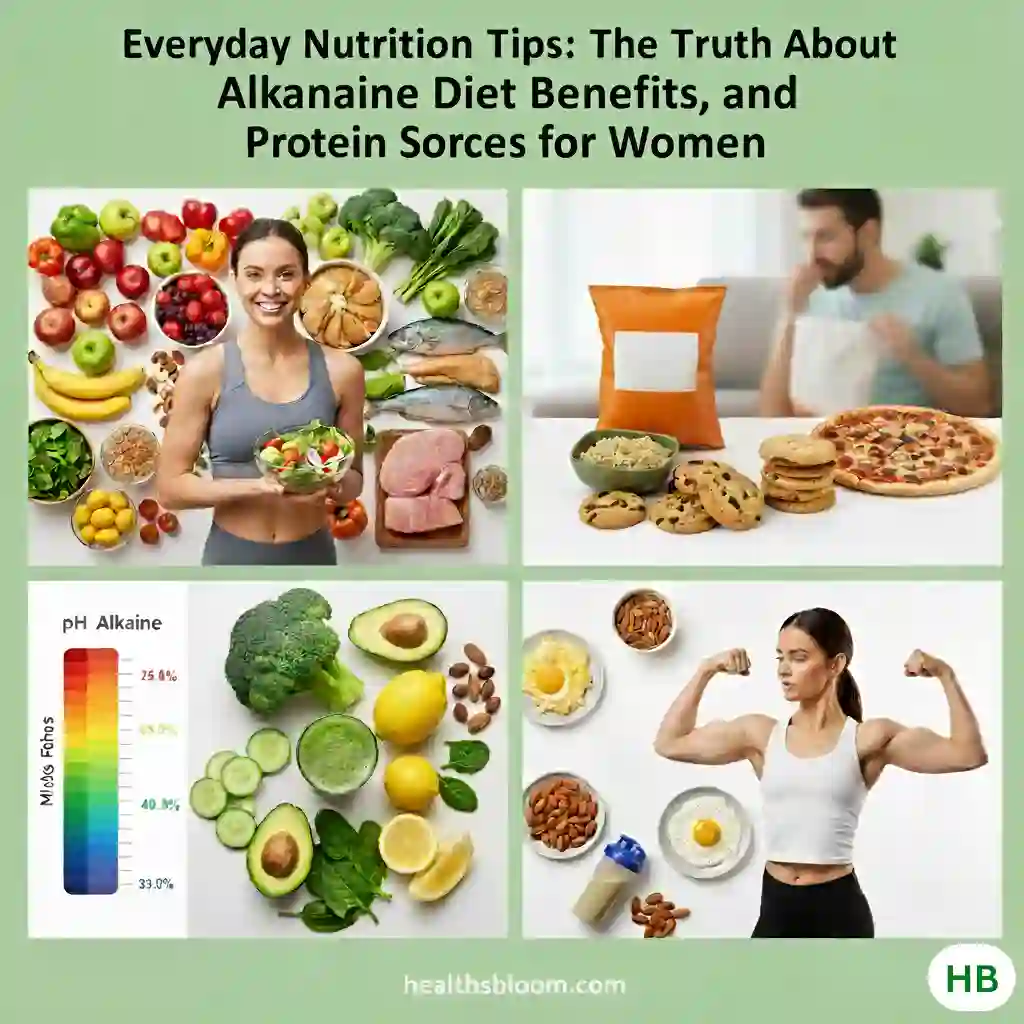 Everyday nutrition tips collage showing healthy foods, alkaline diet ingredients, protein sources for women, and comparison with processed foods, with Healthsbloom.com branding.