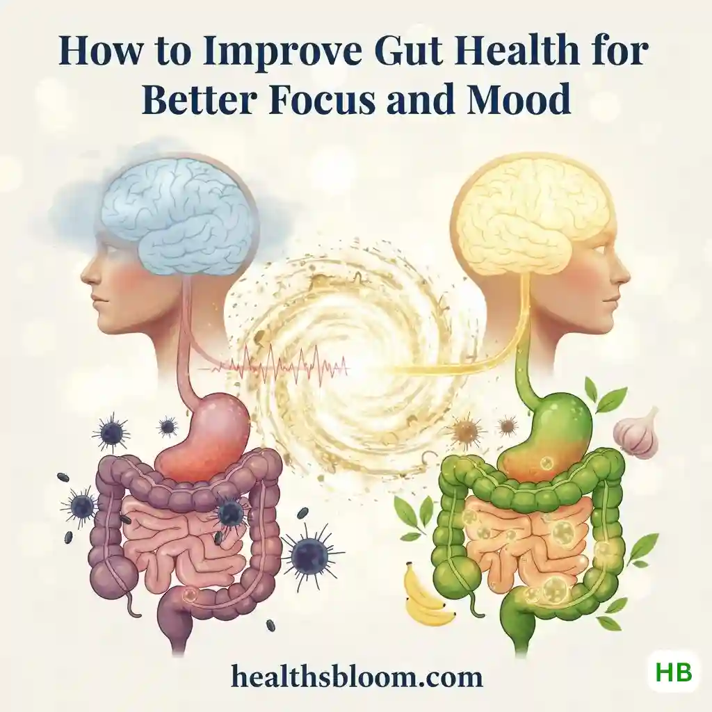 Illustration showing how to improve gut health and its connection to brain function, comparing an unhealthy gut with harmful bacteria to a healthy gut supported by nutritious foods for better focus and mood, with Healthsbloom.com branding.