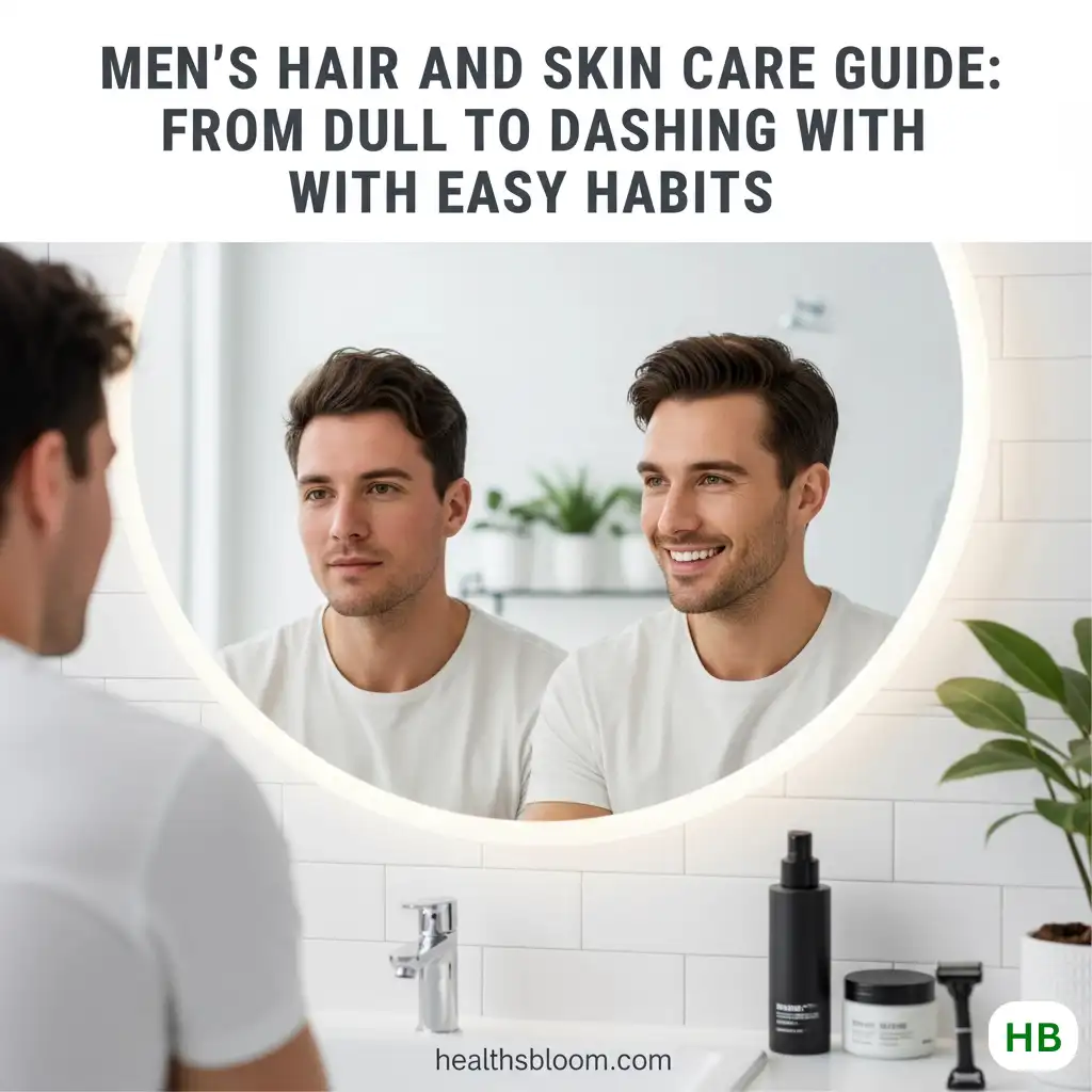 Men’s hair and skin care guide showing a man’s transformation from dull to fresh and confident appearance using simple grooming habits, with Healthsbloom.com branding.