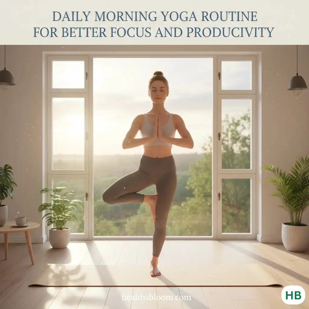 Daily morning yoga routine showing a woman practicing a tree pose indoors for better focus and productivity, with a calm, sunlit environment and Healthsbloom.com branding.