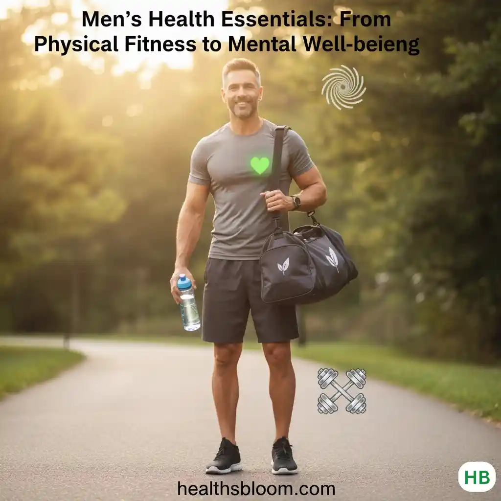 Men Health Essentials image showing a fit man outdoors with a gym bag and water bottle, representing physical fitness and mental well-being, with Healthsbloom.com branding.