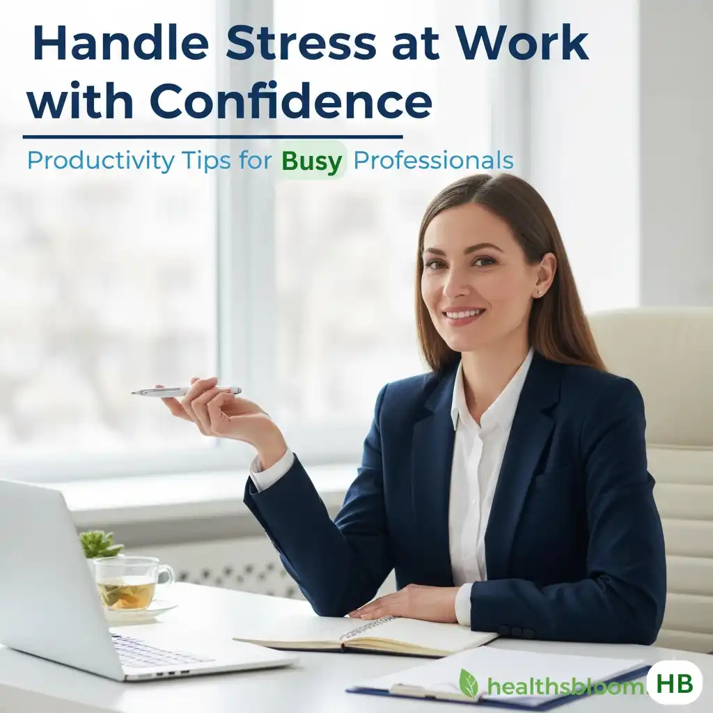 A professional woman in a navy blazer sitting at an office desk with a laptop and notebook, smiling confidently. Overlay text reads "Handle Stress at Work with Confidence: Productivity Tips for Busy Professionals" with the Healthsbloom logo.