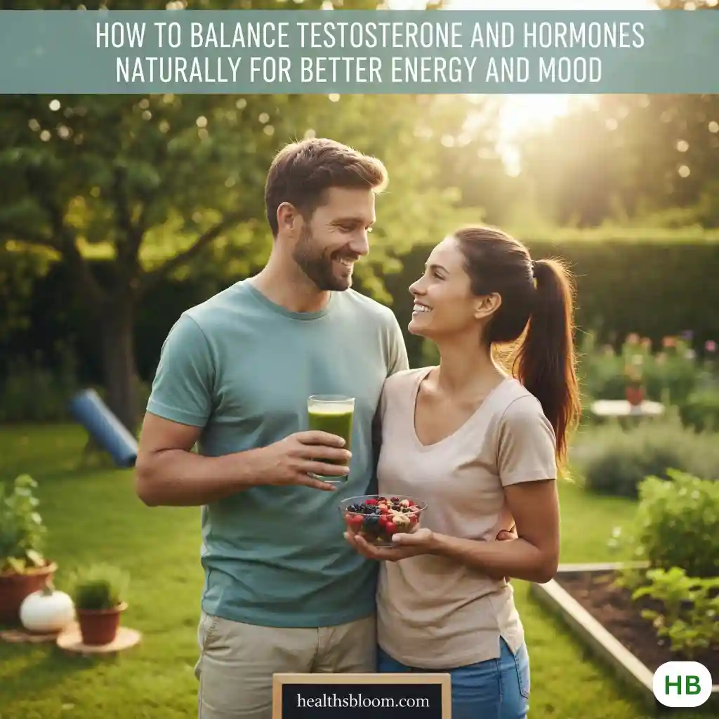 Couple enjoying a healthy lifestyle with nutritious drinks and fresh fruits outdoors, representing natural ways to balance testosterone and hormones for better energy and mood, with Healthsbloom.com branding.
