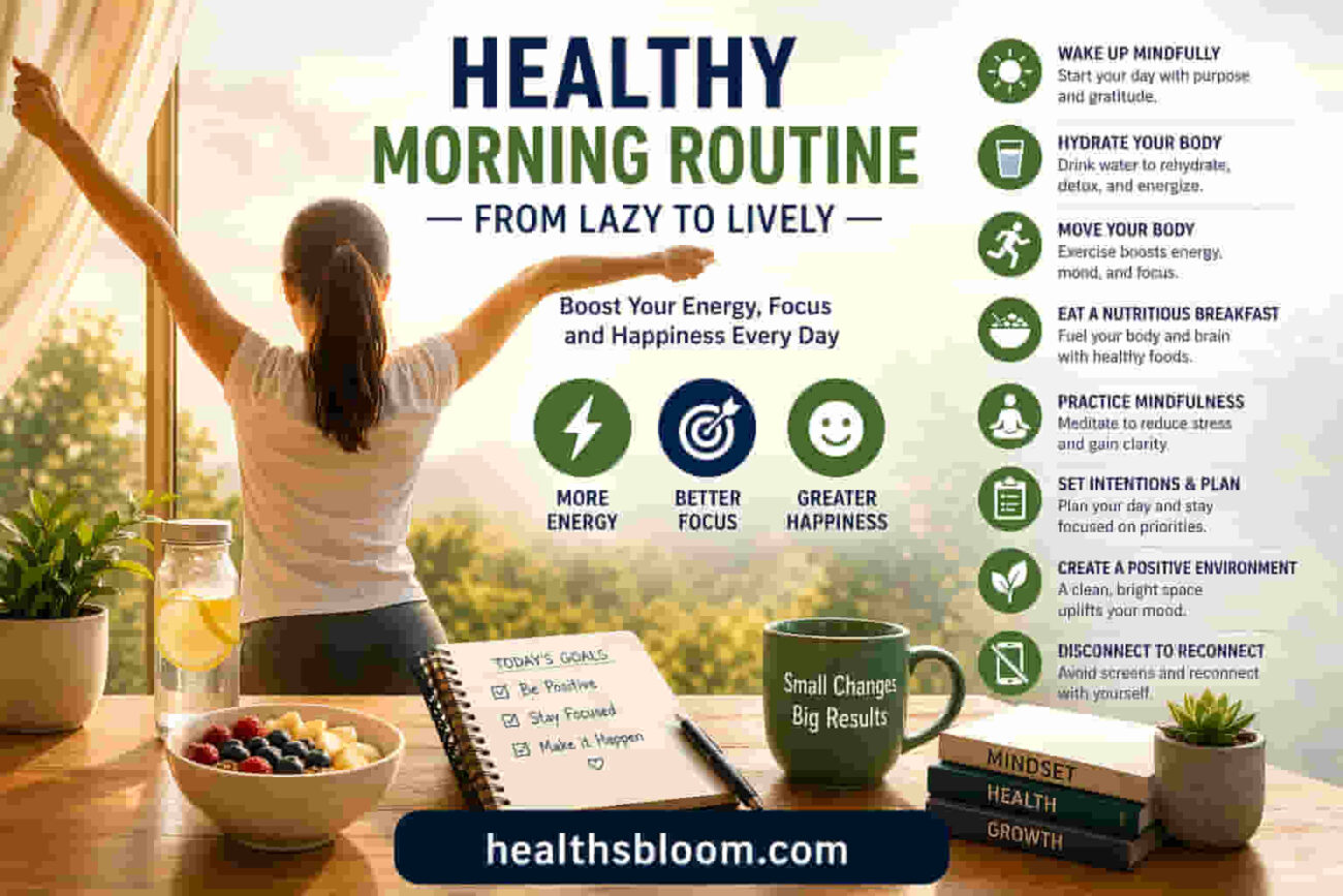 Healthy morning routine infographic showing a woman stretching at sunrise by a window, with breakfast, water, and a planner on a table, highlighting habits like mindfulness, hydration, exercise, nutritious breakfast, planning, and a positive environment, with “healthsbloom.com” displayed at the bottom.