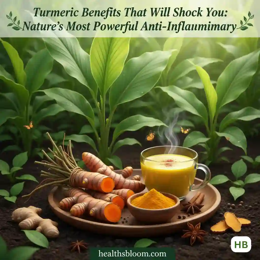 Turmeric benefits as a powerful natural anti-inflammatory, featuring fresh turmeric roots, powder, and a warm turmeric drink in a lush green setting – Healthsbloom.com
