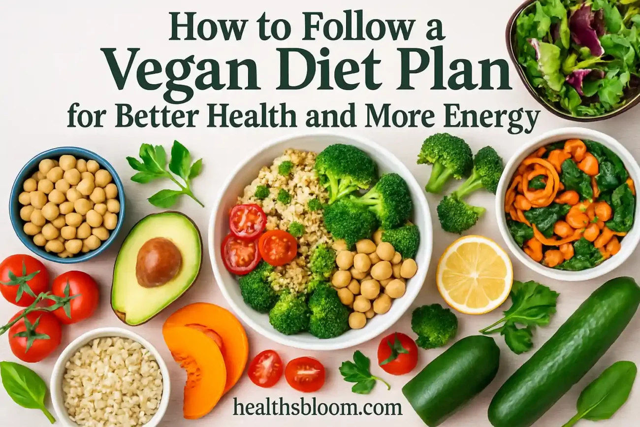 A top-down view of a colorful variety of plant-based foods including a main bowl with quinoa, broccoli, chickpeas, and tomatoes. Surrounding the bowl are ingredients like avocado, sweet potato, cucumber, spinach, and lemon. Text at the top reads: "How to Follow a Vegan Diet Plan for Better Health and More Energy." The website healthsbloom.com is at the bottom.