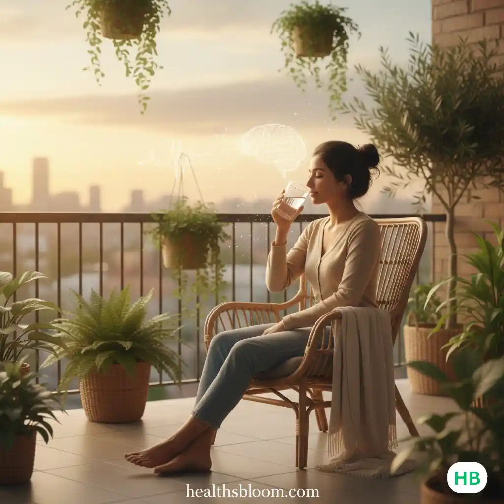Remote worker practicing a neuro-resilience routines by staying hydrated on a peaceful balcony to beat burnout.