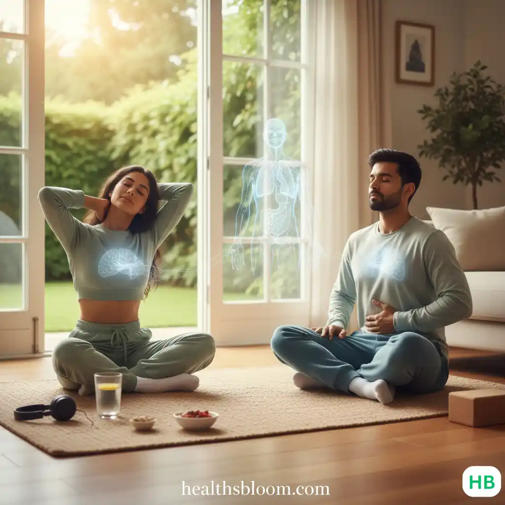 A man and woman sit on a rug practicing Vagus Nerve Toning for Neuro-Resilience techniques. A glowing holographic overlay illustrates the nervous system and internal organs, highlighting the mind-body connection in a sunlit wellness setting.