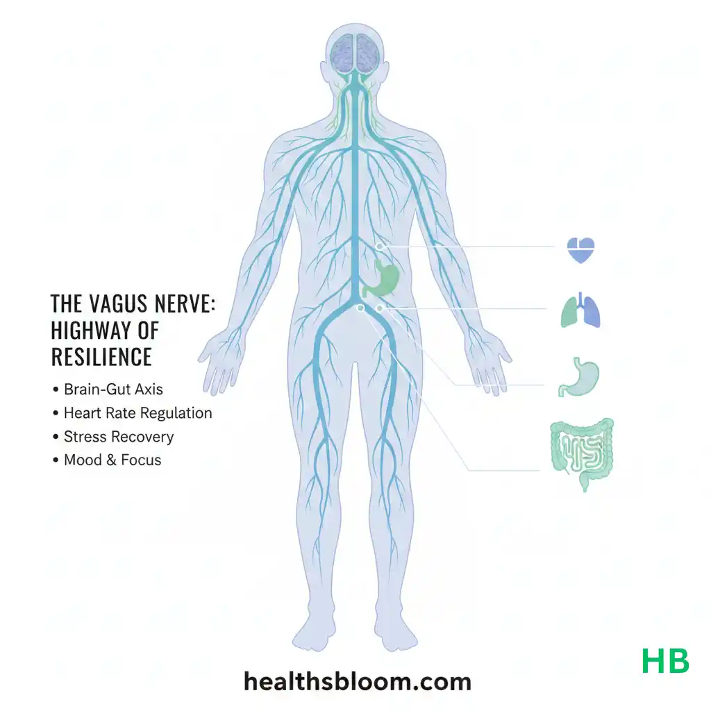 An anatomical diagram titled "The Vagus Nerve: Highway of Resilience" illustrating the neural pathways between the brain and organs to explain vagus nerve toning for neuro resilience.