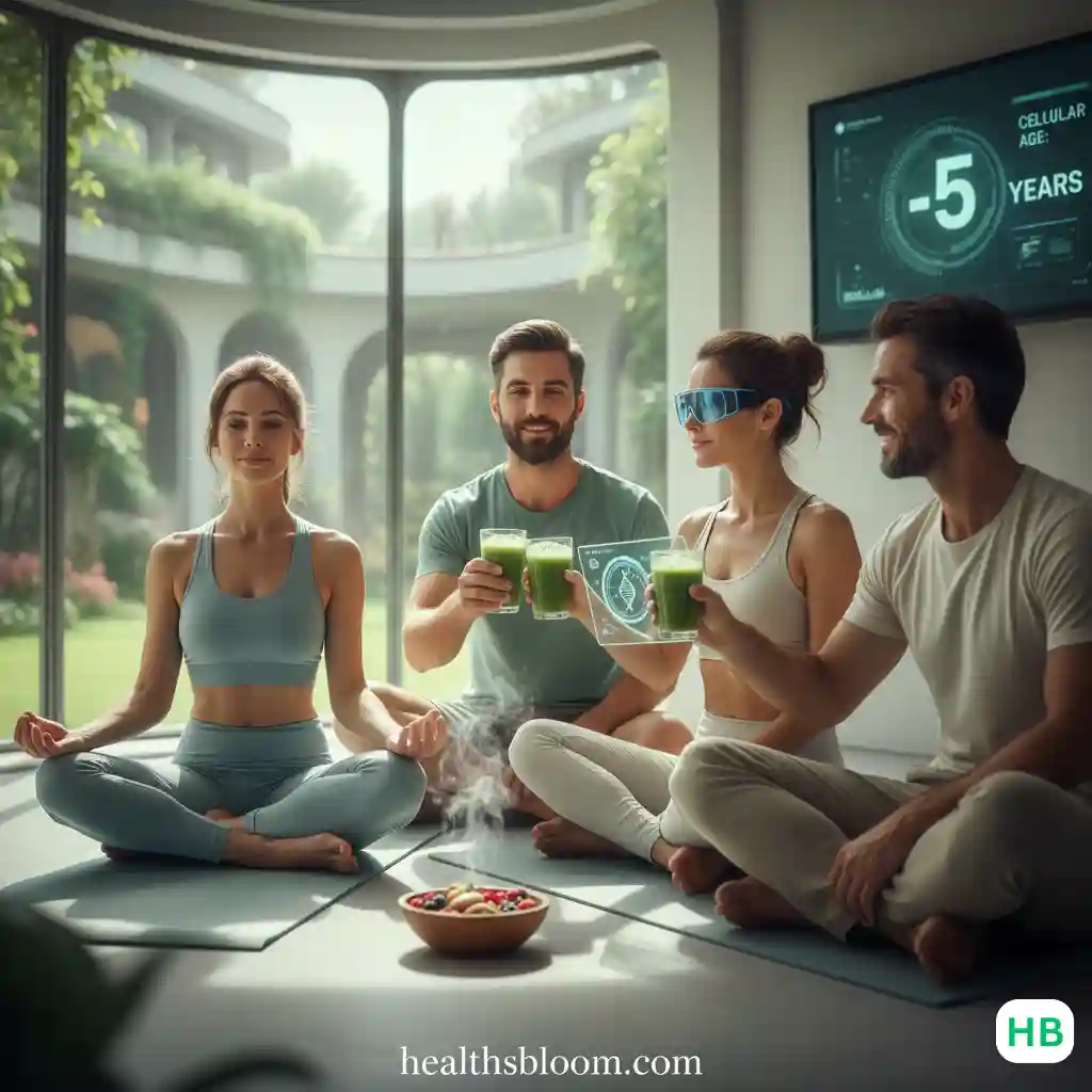 A group of people practicing biohacking secrets to reverse biological age with meditation and green juice - HealthsBloom