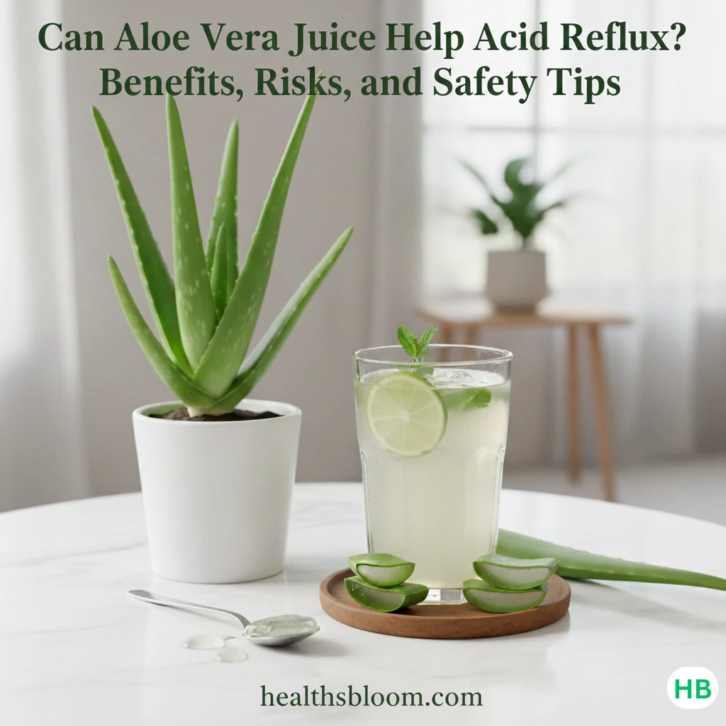 The image includes the title 'Can Aloe Vera Juice Help Acid Reflux? Benefits, Risks, and Safety Tips' at the top and the website URL 'healthsbloom.com' at the bottom center.
