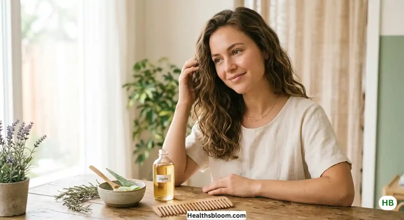 Natural Hair Care Routine for Beginners: A young woman using natural oils like jojoba for hair care at home, featuring herbal ingredients, a wooden comb, and a calm setting, highlighted by Healthsbloom for a simple and effective routine.